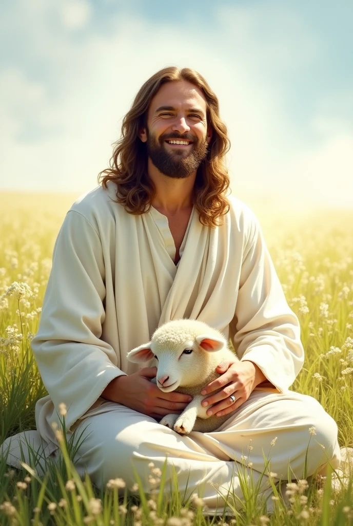 Smiling Jesus in white clothes in a large field with a sheep on his lap with watercolor painting aesthetics.