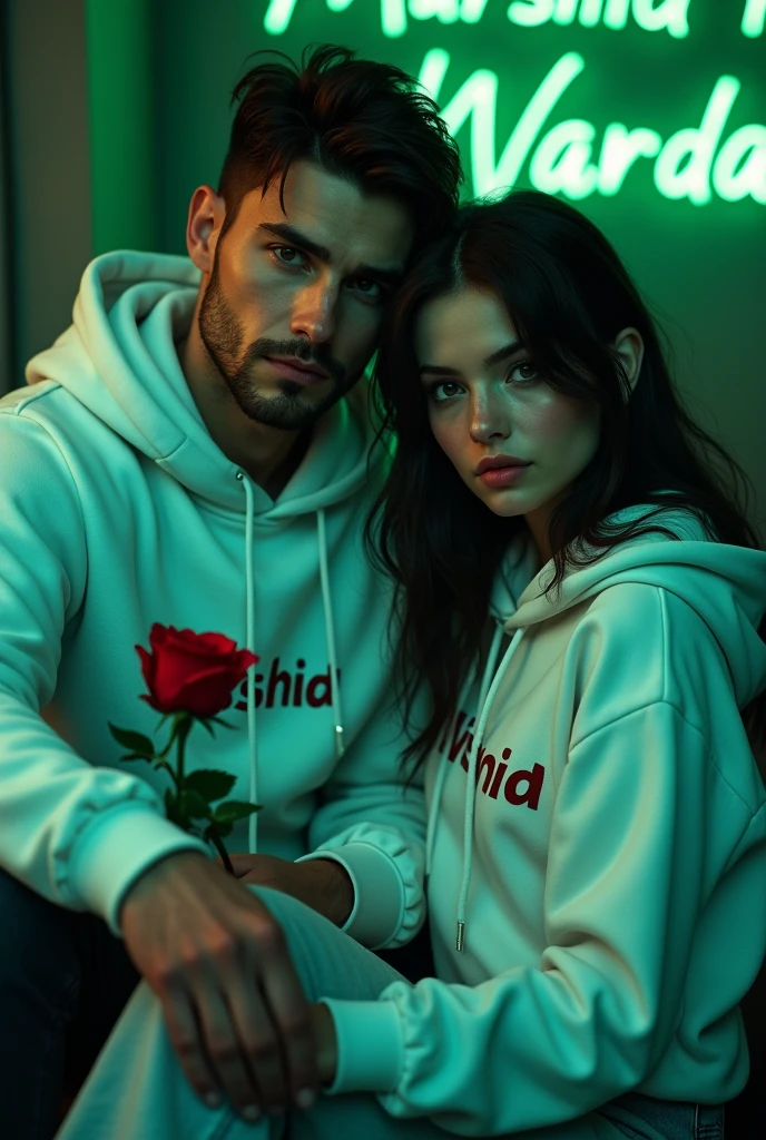 A 4k quality highly detailed Realistic portrait  Handsome 28 year guy  White Hoodie with 30 year beautiful women in a White Hoodie, the girl has a red rose flower in her hand and is sitting on down floor, with romantic mode, no smile, written "Murshid" in the boy hoodie and "Wardah" in girl's hoodie, and Murshid love Watdah is written on the green light glow wall with neon text text behind.  