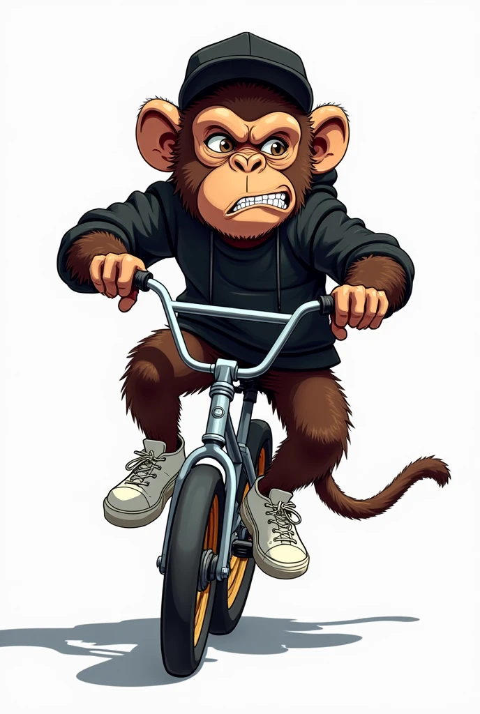 Illustration of a monkey in a rapper outfit riding a beach-colored BMX bike, upset expression, with white tennis shoes, black sweatshirt, black cap, on white background