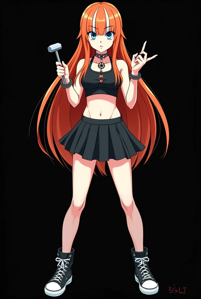 A full body image of an 1 girl, personagem do anime "Dragon Ball Super", she is very beautiful, with long, straight, fire-colored hair with two white streaks highlighted in the front, framing your face. She has blue-green eyes and pale skin.. she is a Wiccan, she is in fighting pose. she wears a pentagram necklace, croped, glued skirt, beautiful women's high-top shoes and ¾-long socks, she holds a small hammer and small nails. It is drawn with Akira Toryama's animation. black backdrop.