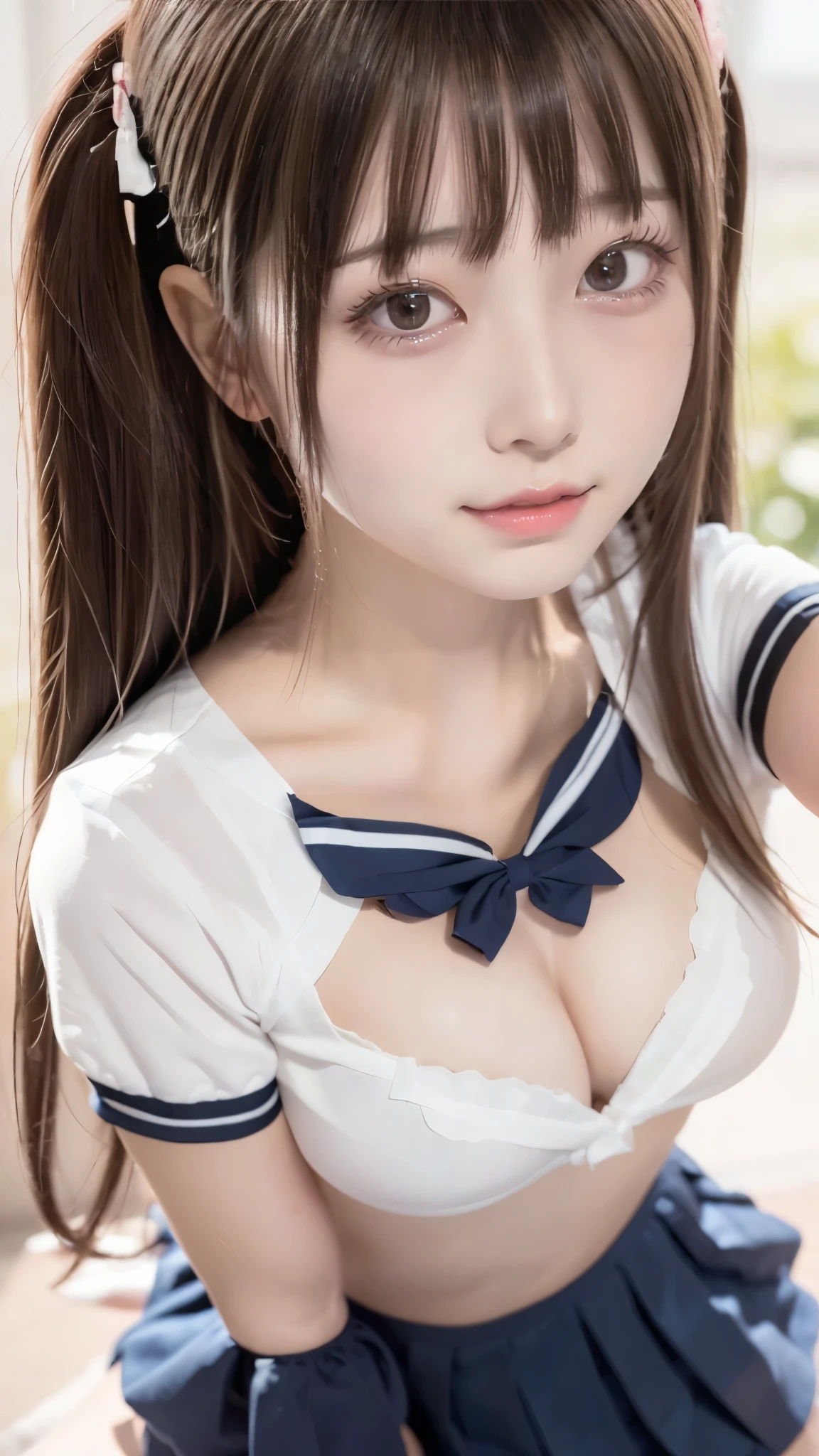 I'm a girl in a high school uniform, beautiful hair, Sexy side bangs, (medium breasts、Immersive breasts、Breasts that make you want to touch)、View the viewer、Light costume、Bra Line、Detailed arms and hands、(The perfectly correct hand)、Side twin tail、(Pretty lips、Beautiful Eyes)、beautiful girl、Baby Face、Idol Face、(Detailed eyes and face:1.2, Professional photography techniques), ((Cute and provocative、Mischievous Smile:1.2))、Highest quality、Highest quality、Masterpiece、Ultra high definition、Reality:1.37