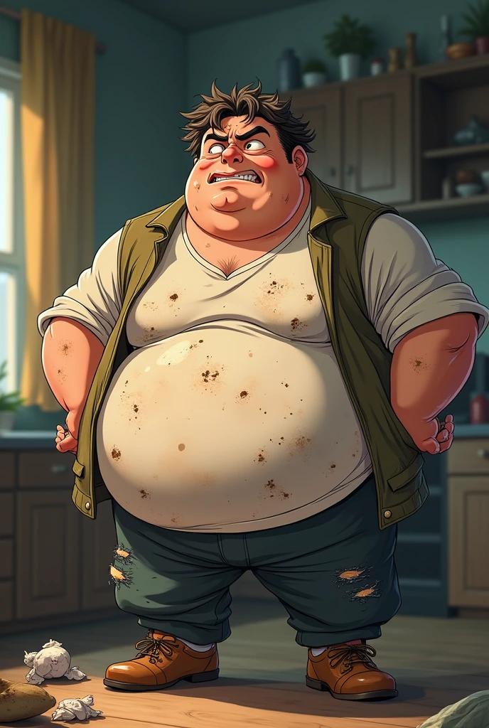 Create a male anime character who is fat and unkempt and is currently farting