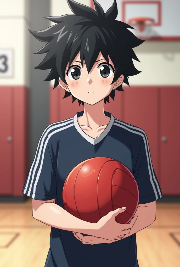 A male teenager wearing a Dodgeball team uniform, holding a small red dodgeball. He is standing in the gym of his school. Her hair is black and voluminous, your skin is white and your eyes are black. anime styling. He is a little tall and his eyes are serious.