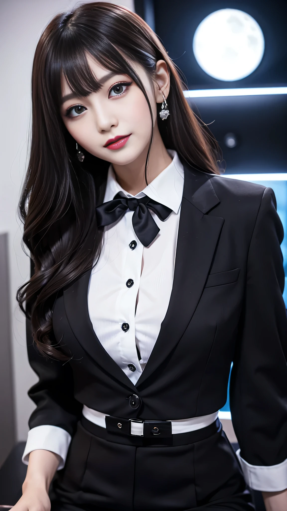 best quality、ultra-detailed、4k、Japanese、Seductive beauty、seductive adult woman、Pretty Woman、cool girl、Villainess、Fallen into evil、smirk、Evil look、Wicked Smile、evil、Brown hair、wavy hair、swept bangs、brainwash makeup、dark makeup、piercing eyes、hollow eyes,half-closed eyes、Hollow Eyes、purple Eyeshadow、black lipstick、black lipglos、office staff suit、suit、Jacket、Black sleeves、White Shirt、Black Ribbon、Tight Skirt、bezyu pantyhose、bezyu stocking、night、inside darkroom、Are standing、shoot from below、Have lipstick、Emblem of Evil、Crest of Darkness、Swear allegiance、I have pledged my allegiance、Dye black、Blackening、Stained with evil、Dyed in darkness、Seduce