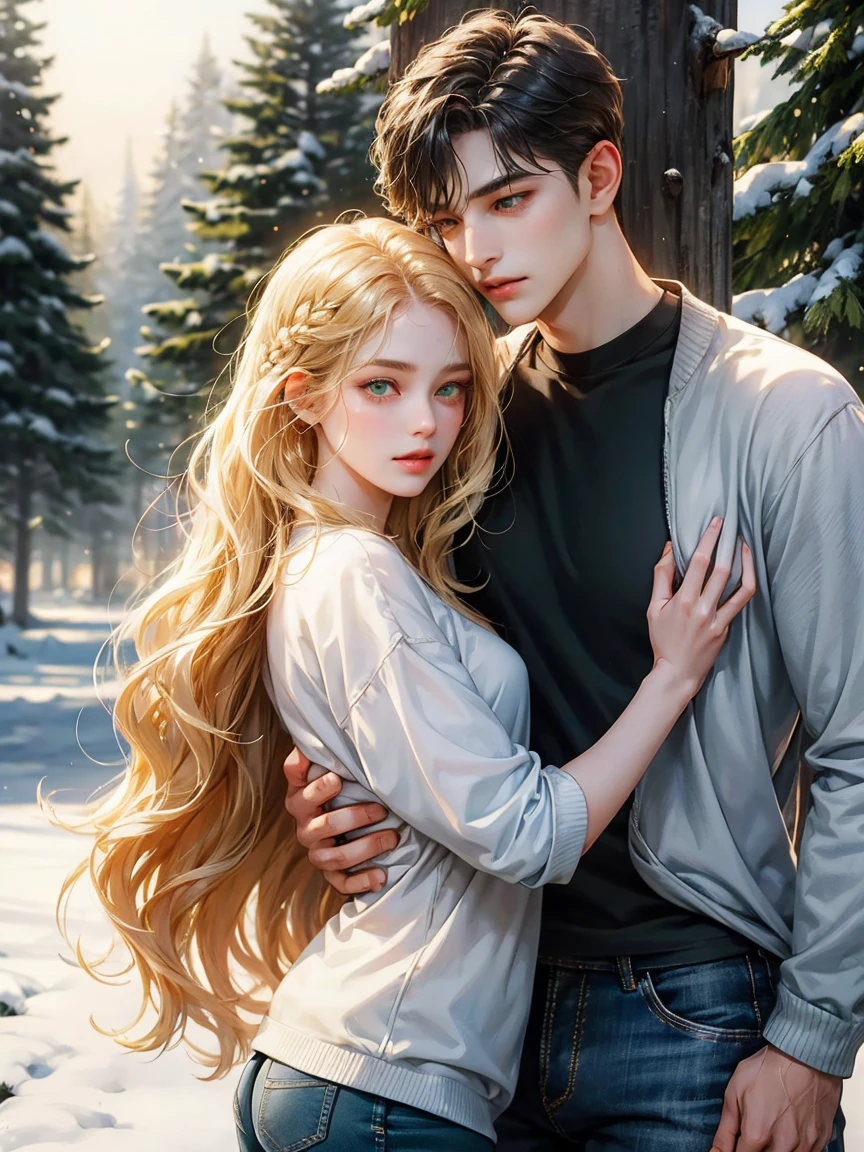 Couple, 1 girl 1 boy, different hair color, long blonde hair, wavy hair, no bangs, grey eyes. Pullover and jeans. Short black hair, wavy hair and (green eyes) , black t shirt and jeans, height different, detailed eyes, face, hand. The look at the viewer. They hug. They are near pine trees with snow. Full figure. Background snow forest
