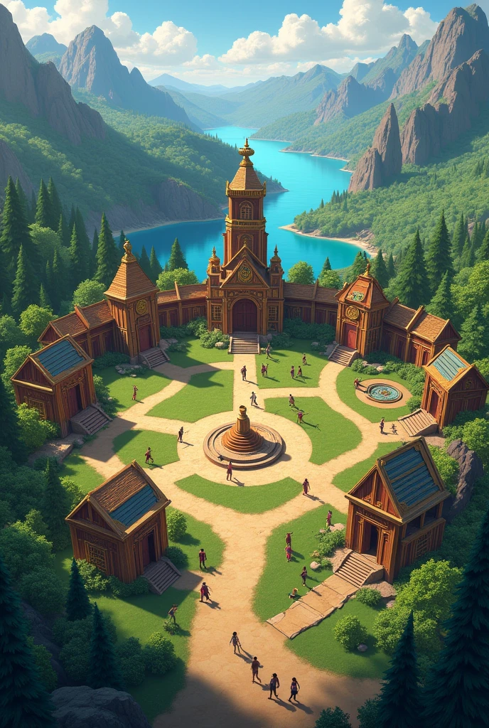 Make a picture of Camp Half-Blood with all the cabins