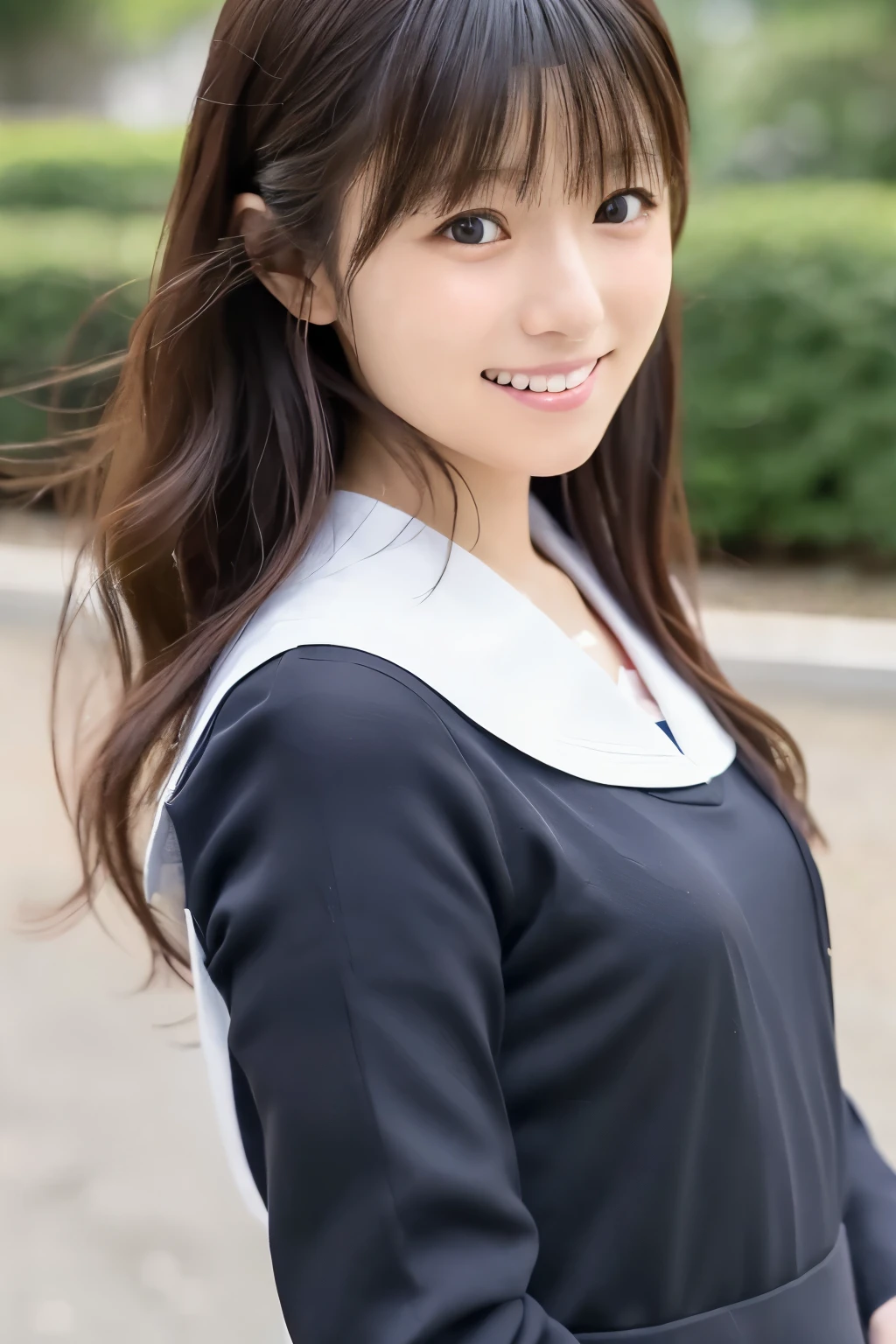 (Raw photo:1.2), (Photorealistic:1.4), Sailor suit, A young Japanese woman, Calm expression, Gently glance over, Long black hair, having a modest smile, detailed face, detailed eyes, Running with her skirt fluttering, Background is a school hallway, 10 second video
