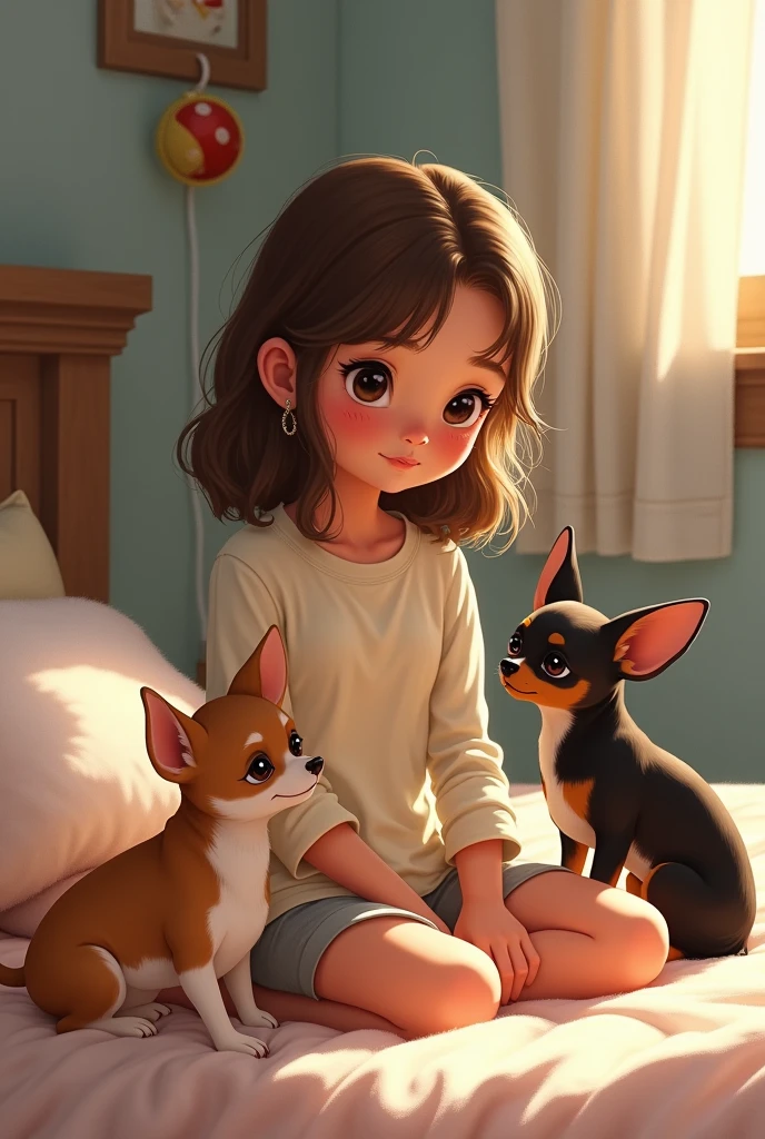 girl sitting on her bed with two chihuahuas, one brown with white and another black with brown, with a background of his room with a toy, and aesthetic style