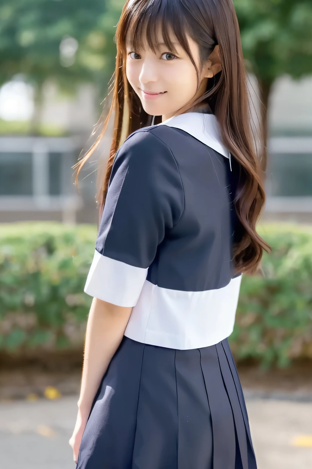 (Raw photo:1.2), (Photorealistic:1.4), Sailor suit, A young Japanese woman, Calm expression, Gently glance over, Long black hair, having a modest smile, detailed face, detailed eyes, Running with her skirt fluttering, Background is a school hallway, 10 second video
