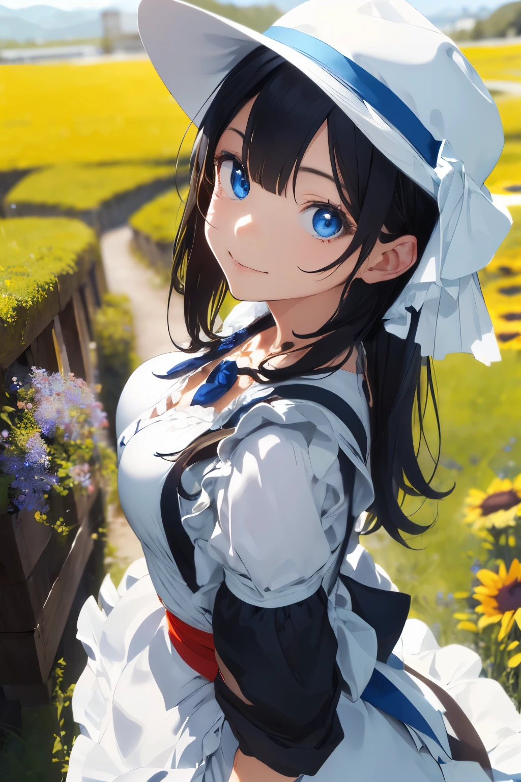 ((Top Quality)), ((Excellent)), (Details), ((Japanese)), Ultra-Realistic, Stunning Environment, Vivid Colors, , Black Hair, (Young Face), ((Straight Hair)), Shiny Hair, Medium Breasts, ((White Maid Outfit)), ((French Maid)), ((White Brim)), ((from_side)) , ((From Above)), ((Blue Eyes)), Half-Smiling, Upper Body, Shiny Hair, Blunt Bangs, ((Medium Breasts)), ((Leaning Forward)), ((Blue Eyes)), Masterpiece, Ultra-Realistic, ((Upper Body)), Outdoors, Grassland, Flower Field, Natural Light, Vivid Colors,