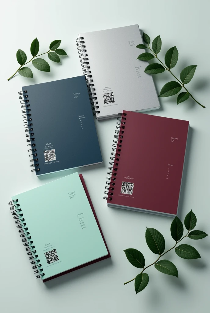 Dental agendas with QR for virtual library and clinical history, quiz sheets that are spring-loaded in silver colors, dark blue, negro, red wine, and mint green with some leaves for periapical radiographs