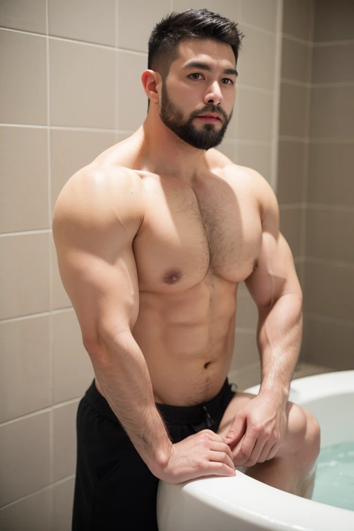 ((best quality)), ((masterpiece)), (detailed), perfect big detailed hairy plump muscle man in bath , beard, dark skin color, skinhead, Japanese men,  In black boxer and short hair, full body 