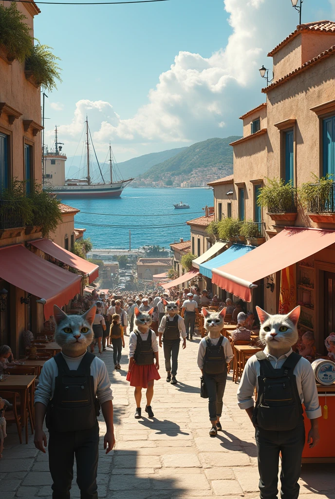 Une vue du vieux port de Marseille où tous les habitants sont des humains à tête de chat