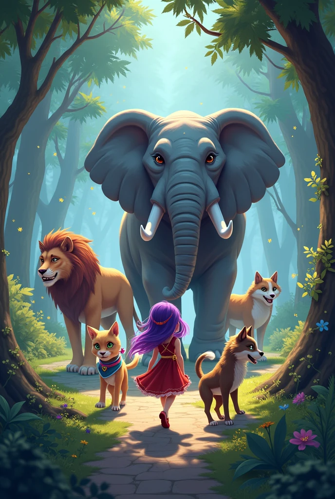 Make me a picture with: lila, Rex the girl, Mia the dog, Leo the cat, the lion She, The Hero Elephant, the hero of the forest