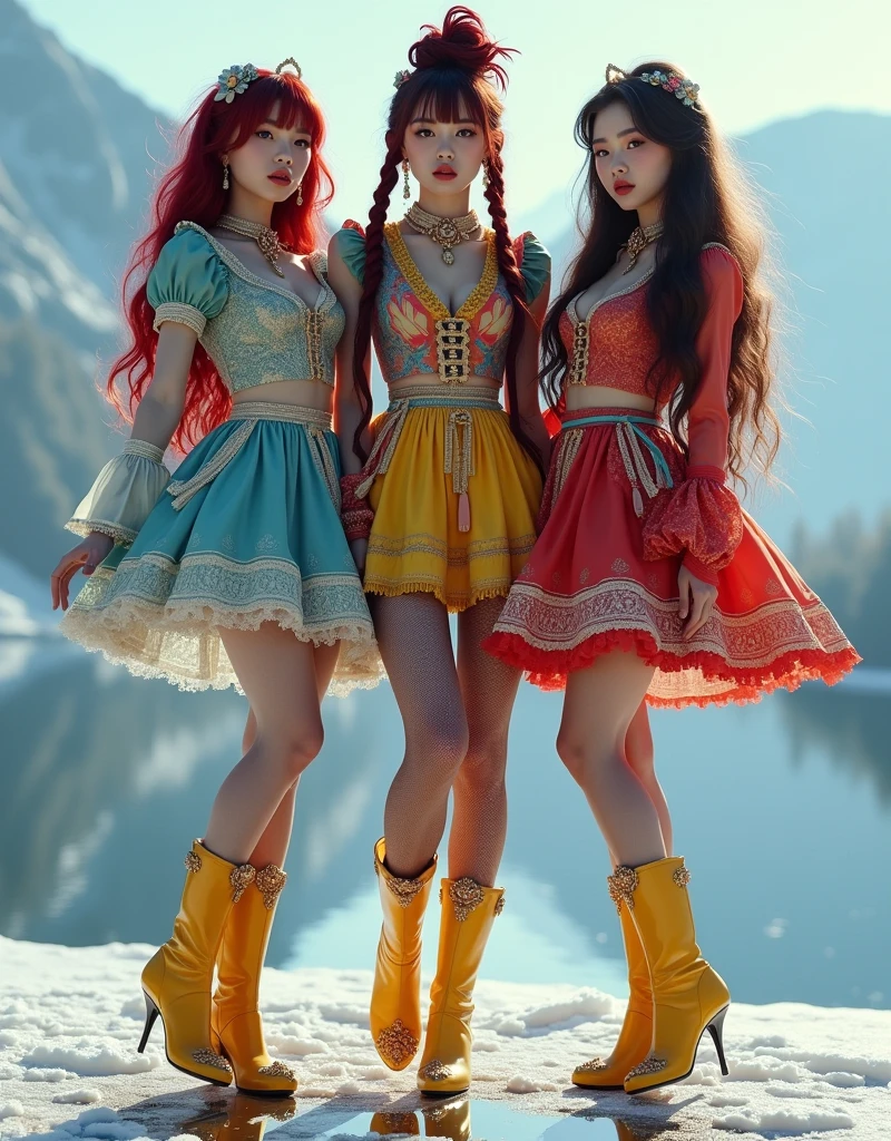 Nine-head body, Group photo, ((multicolored)),Three or girl one Short dark red, tied back in a messy bun, second brunette long hair, third brunette long hair, Model figure, long-legged woman, A woman in a luxurious and elaborate lolita dress, wearing yellow wellies shoes with ornate details, patterned tights, standing on a snowy mountain, with reflective skin and reflective clothing, venus body, full body shot, ray tracing, reflection light, chiaroscuro, UHD, masterpiece, anatomically correct, textured skin, super detail, high quality, 4K, higher, girls smiling, have fun