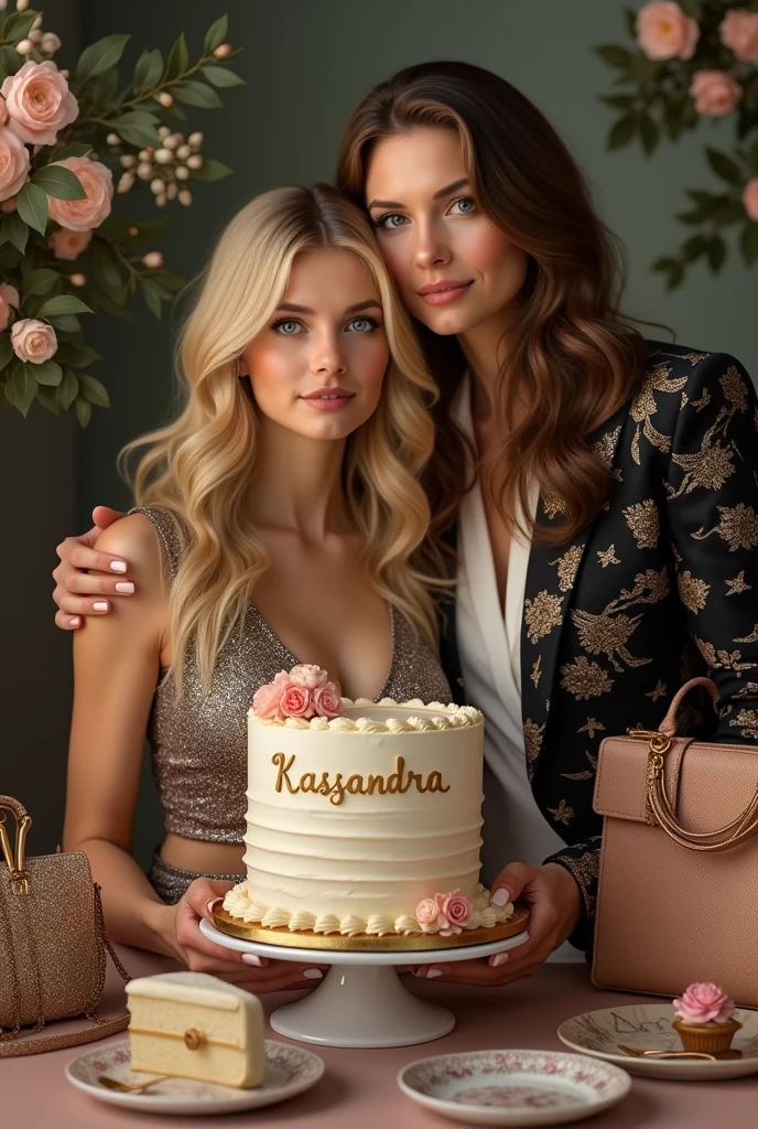 1 blonde blue eyed girl resembling Blair Waldorf from gossip girl short dressed as Blair Waldorf hugging a 40 year old woman Kelly Rutherford style but with brown hair and green eyes tall as mother and daughter with lots of flower arrangements and designer bags on the sides along with a cake in the middle that says Kassandra realistic