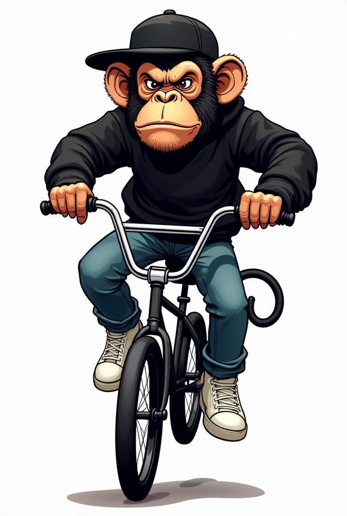 Illustration of a monkey in a rapper outfit riding a BMX bike, upset expression, with white tennis shoes, black sweatshirt, black cap, denim pants on white background