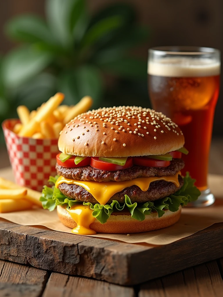 burger, soda and fries combo with cheddar on the table