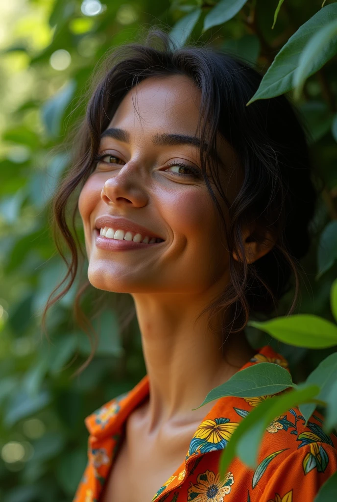 A Brazilian woman in a lush tropical garden, wearing an open shirt with a floral print, with a close-up capturing the harmonious beauty between her and the natural flowers, showing off your natural charm and outgoing personality.