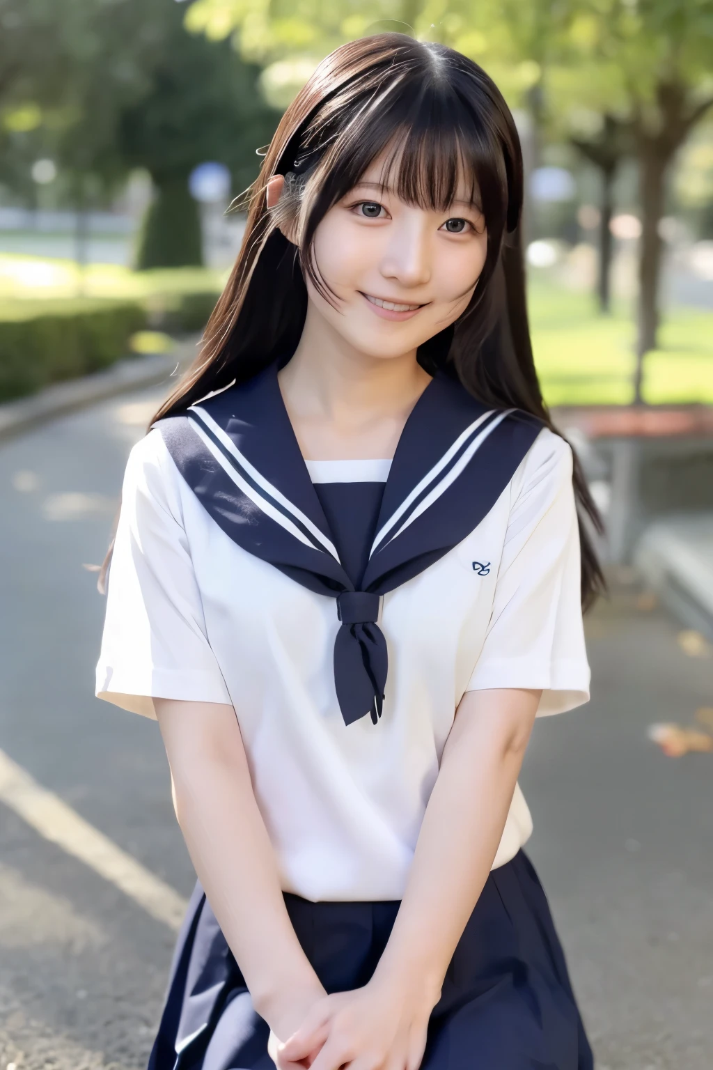 (Raw photo:1.2), (Photorealistic:1.4), Sailor suit, A young Japanese woman, Calm expression, Gently glance over, Long black hair, having a modest smile, detailed face, detailed eyes, Running with her skirt fluttering, Background is a school hallway, 10 second video