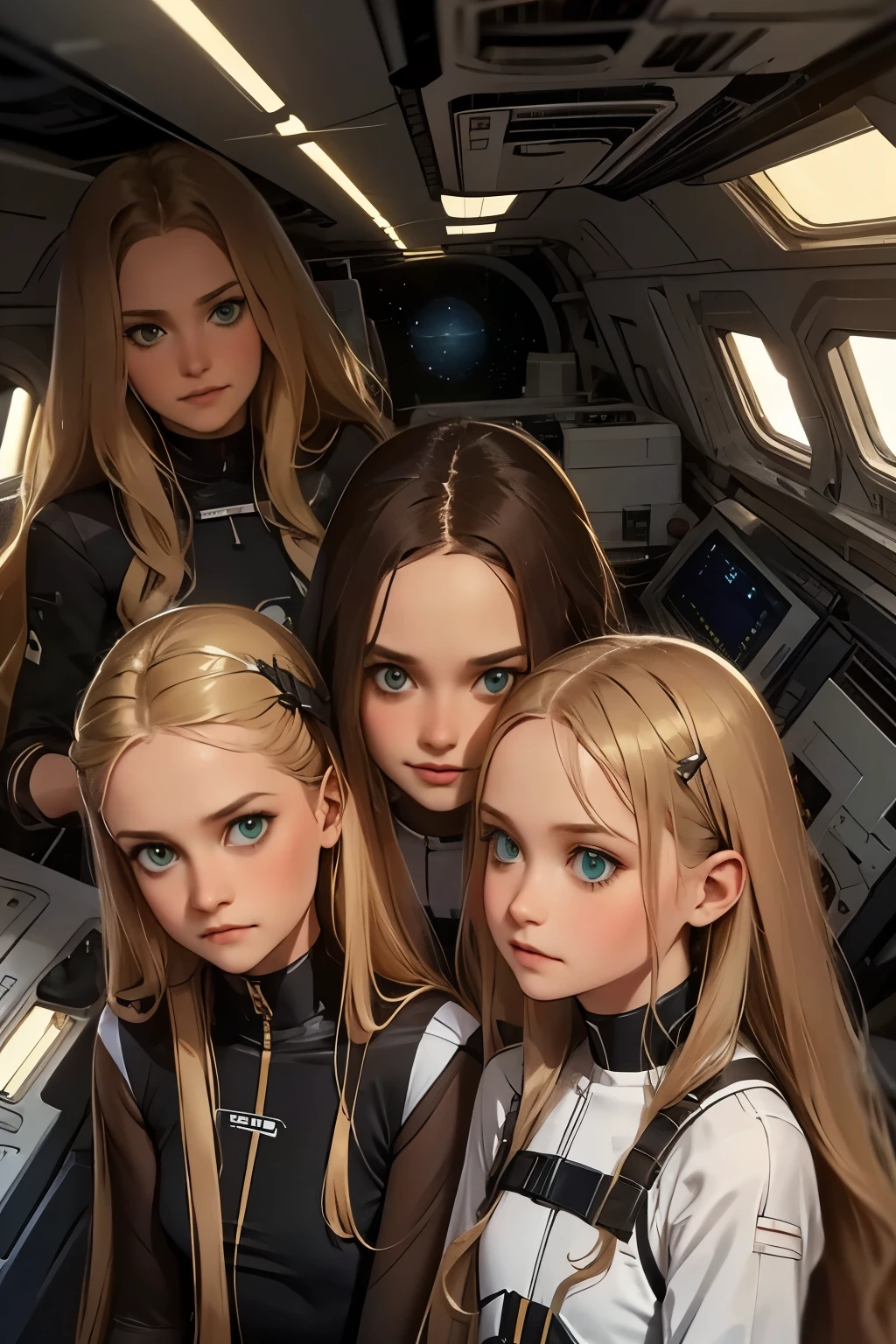 two ***********s and a mother in a space station, a with long blond hair, a with long brown hair. Mom with long hair and dark green eyes