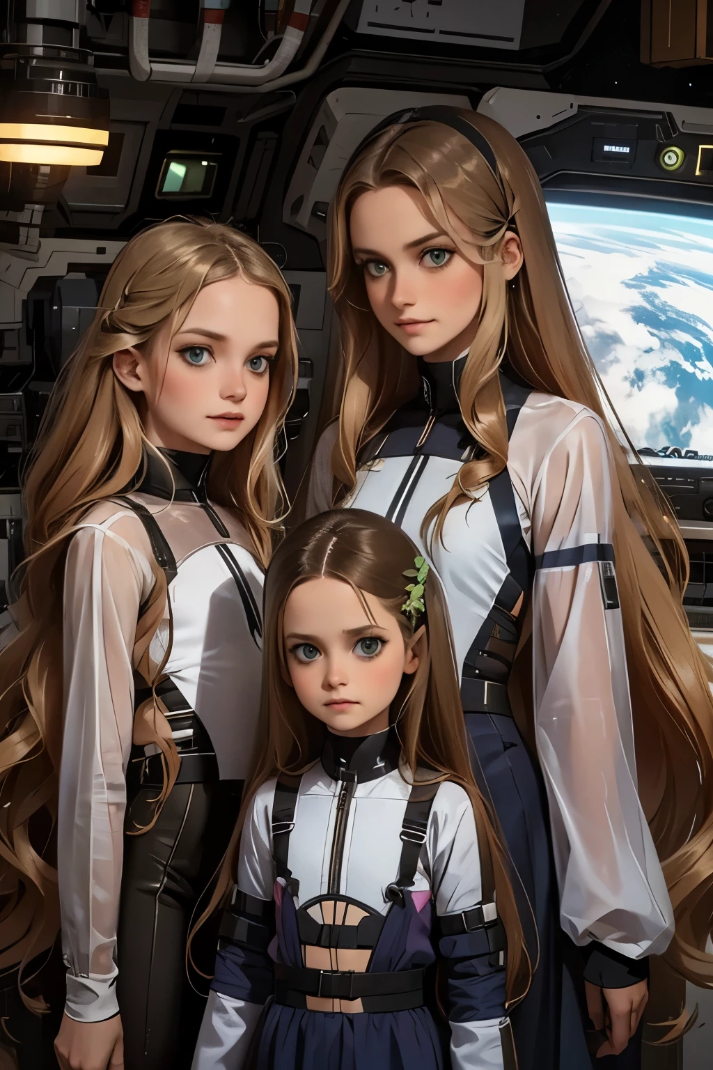 two  and a mother in a space station, a with long blond hair, a with long brown hair. Mom with long hair and dark green eyes