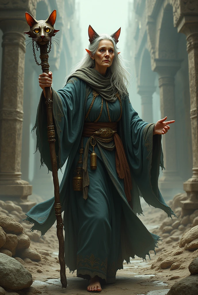 Elderly woman with a staff with cat ears and tail with a staff in ancient clothes