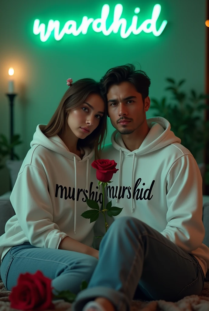 A 4k quality highly detailed Realistic portrait Handsome 28 year slim smart , guy White Hoodie with 30 year beautiful women in a White Hoodie, the girl has a red rose flower in her hand and is sitting on down floor, with romantic mode, no smile, written "Murshid" in the boy hoodie and "Wardah" in girl's hoodie, and Murshid love Watdah is written on the green light glow wall with neon text text behind.