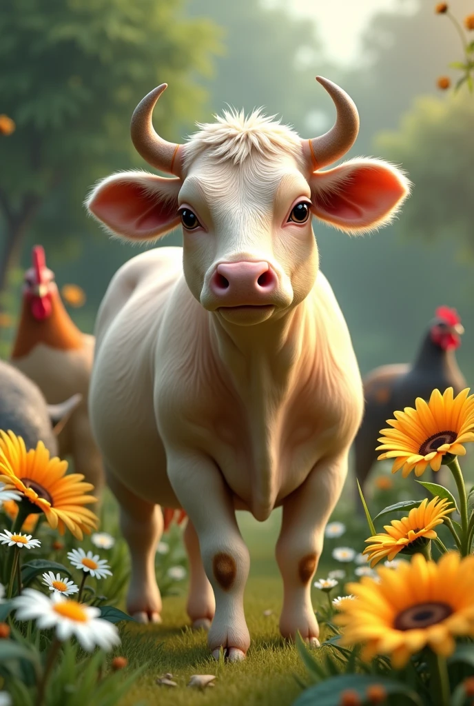 Realistic cow with pigs chickens in garden with daisies and sunflowers