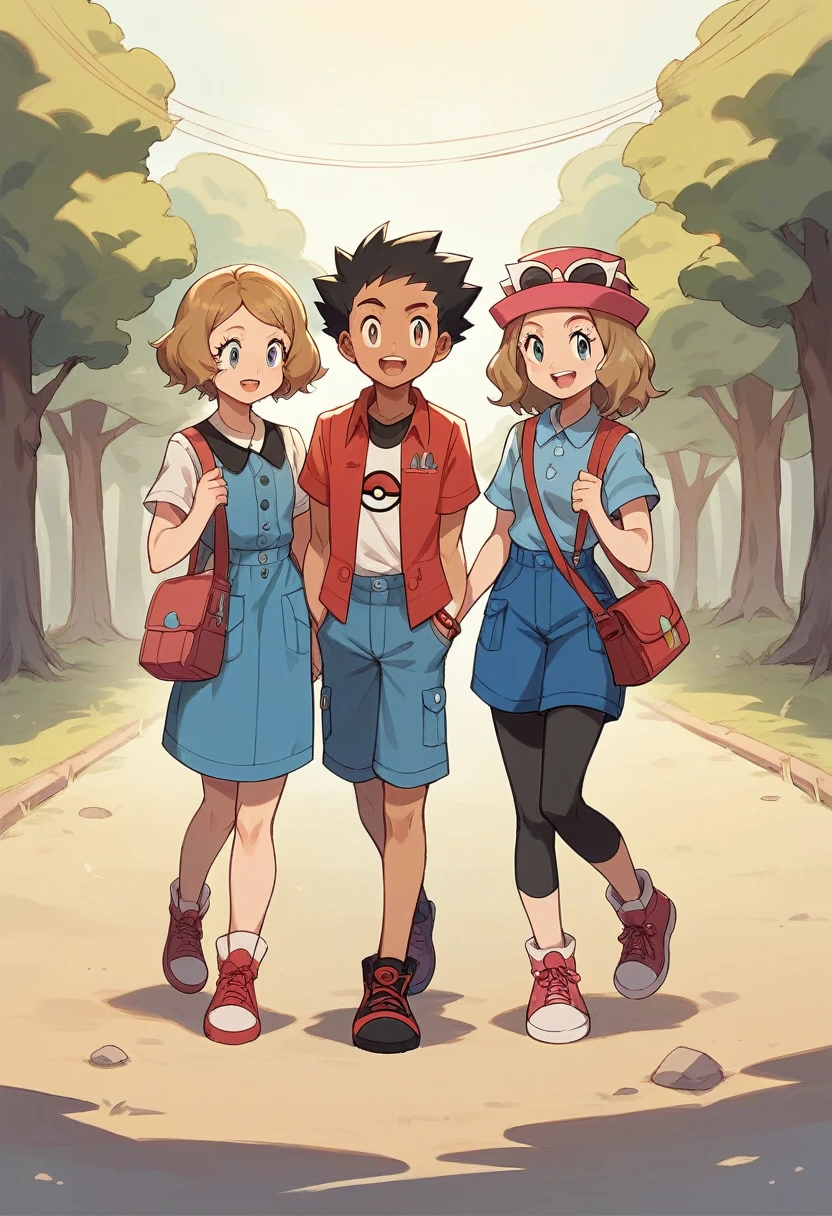 draw ash with misty , Serena and Calem walking together as a team. Character pokemon, Friends, Team , 2 guys , 2 girls 