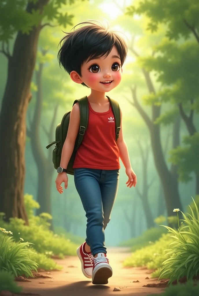 Hyperrealistic digital painting glossy image caricature a charming korean girl pixie cut ,happiness face walking , wearing red tank tops jeans adidas sneakers she standing Carrying a backpack background on the forest full body image