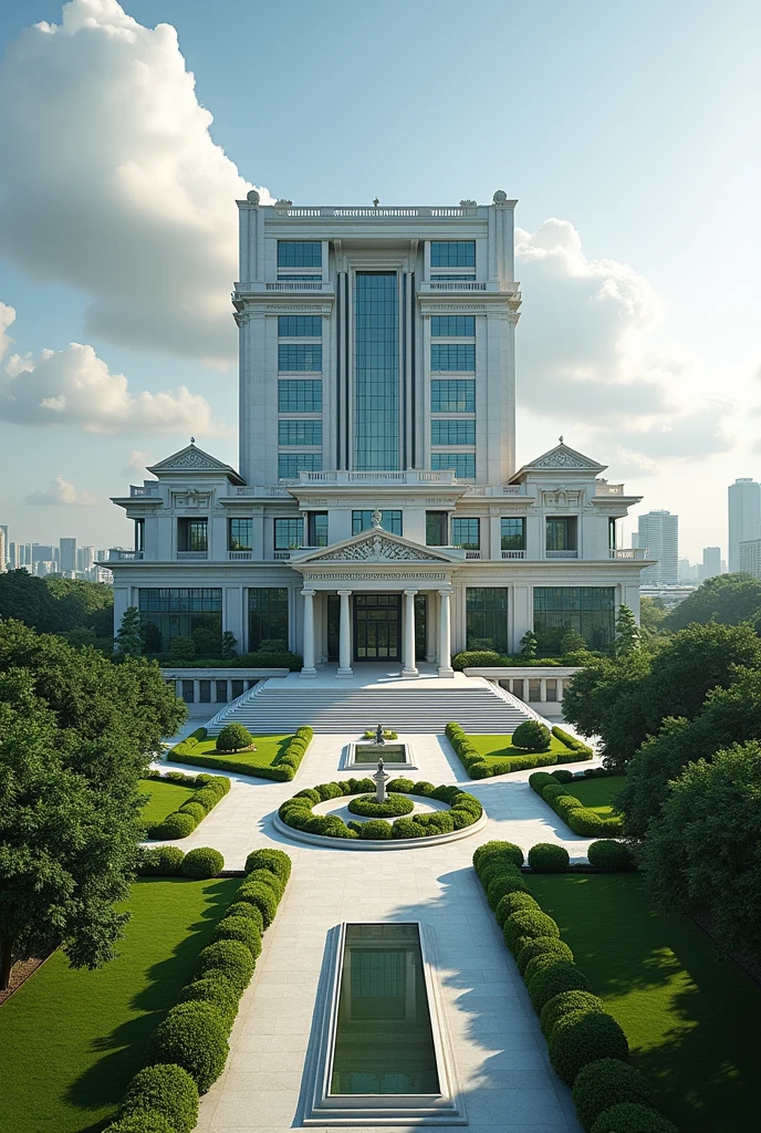 Create a very big headquarters with Singaporean architecture.The words FINANCE DOCKET exposed the compound has a driveway grass and flowers neatly organized no trees I can't see the words Finance Docket 