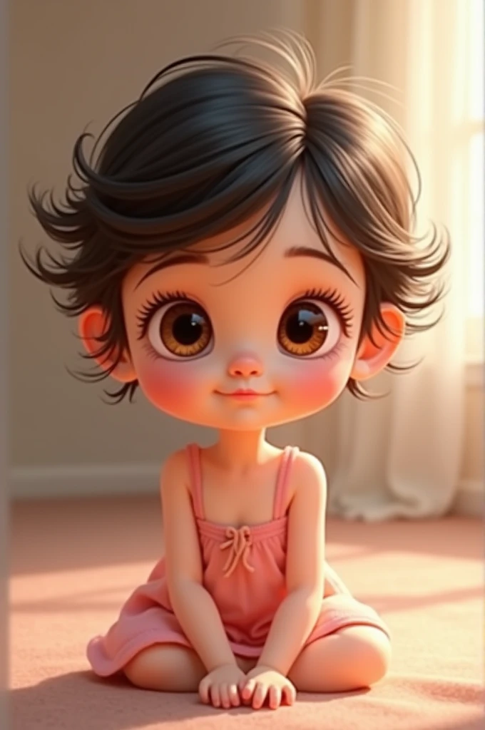 Brown eyed baby, dark hair, skin fair, wearing pink dress, Pixar-style 