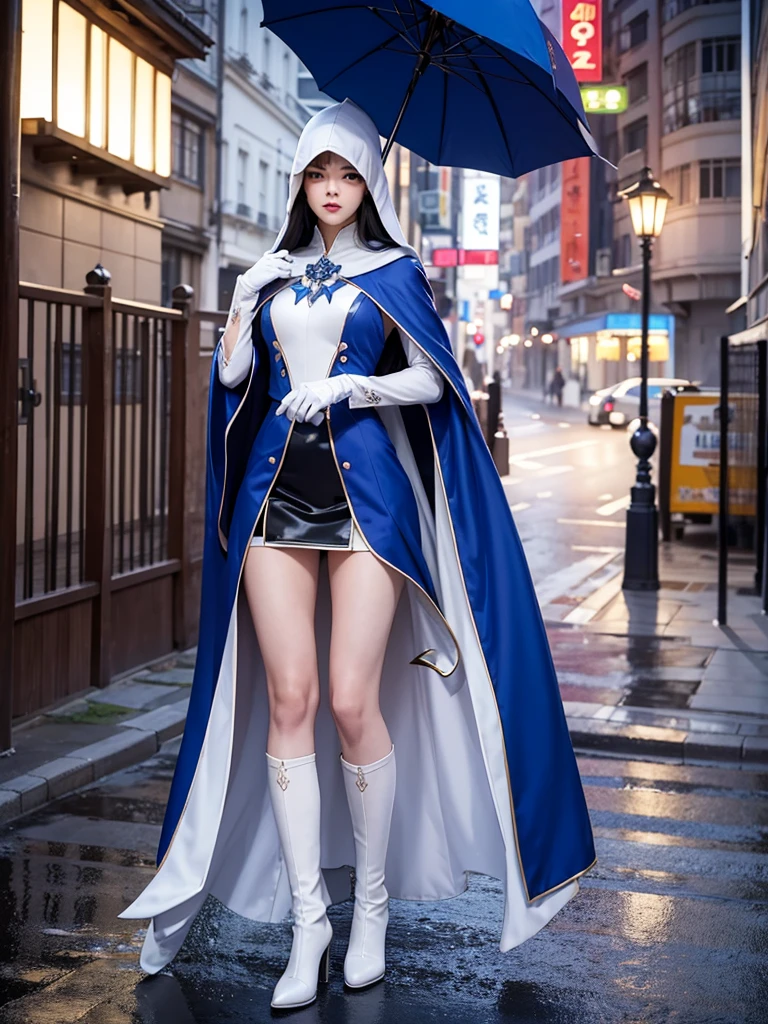 South korea asssassin's creed walk women mystery hooded on with modern royal Blue coat with long and wide sleeves with buttons and royal Blue cape and very high white heel over the knee and white gloves, As she reveals a small secret hidden blade coming from his wrist , adding to the characters mysterious, with small movements of air on the cape, in summer at night under the rain, with buildings featuring curved eaves and detailed architecture. sophisticated and highly detailed, ultra hd, realistic, hyper detailed, enhanced colours, ultra sharp focus, with vibrant, rich in details High quality, gorgeous, captivating, 8k, super detailed, stunning shadows, detailed lines, blood stain on coat and gloves and walls, corpses in the street recently murdered