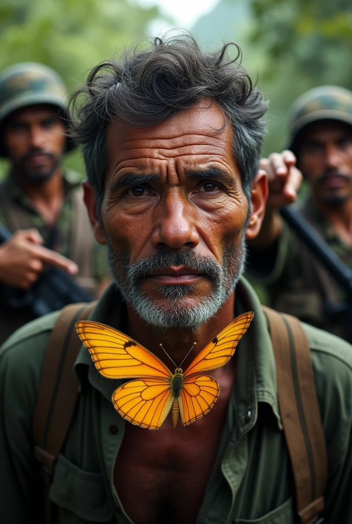 The face of a Colombian peasant,and in the background Colombian guerrillas pointing at him,and in front of him a butterfly passes 

