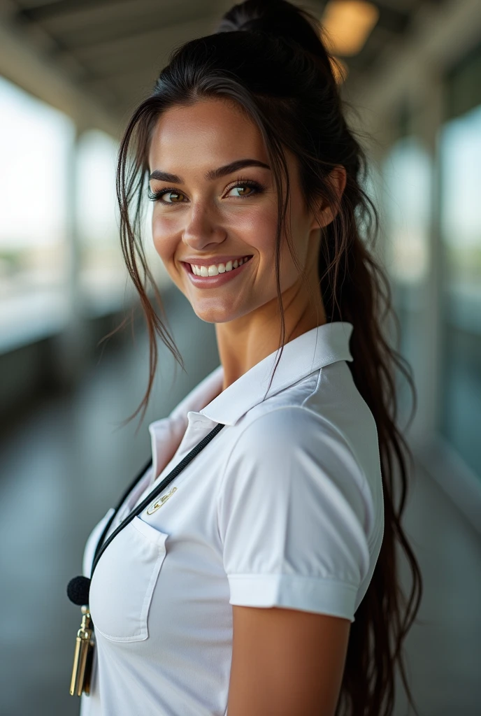 (photorealism: 1.2), hot brazilian sexy girl in sexy dynamic pose. raw portrait photography, hyper realistic and detailed face, complex and realistic skin texture, hot body, athletic body, smiling, long black hair tied up, receptionist in white work polo shirt welcoming travelers with a badge around his neck