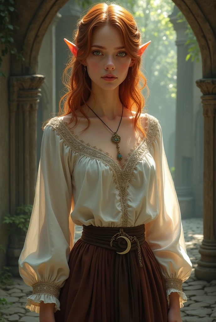 An elf woman with orange-brown, shoulder-length slightly curly hair and brown eyes. She wears a white blouse with beautiful embroidery and dark brown trousers in medieval style. She wears a necklace with a moon around her neck. Fantasy Setting. Realistic art style.