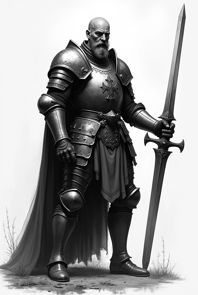 Black and gray tattoo design template: a full-length medieval Templar knight, holding a sword in attack position