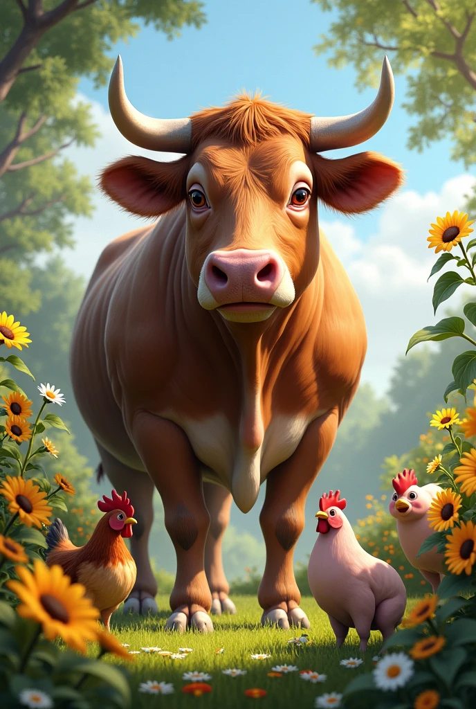 Realistic imposing cow with pigs chickens in garden with daisies and sunflowers 