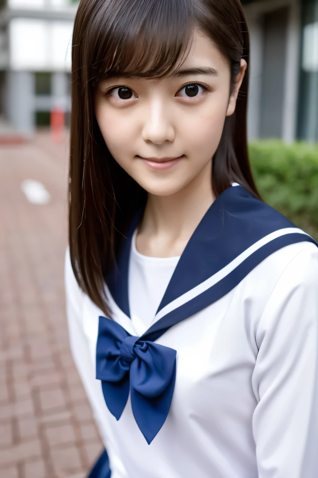 (Raw photo:1.2), (Photorealistic:1.4), Sailor suit, A young Japanese woman, Calm expression, Gently glance over, Long black hair, having a modest smile, detailed face, detailed eyes, Running with her skirt fluttering, Background is a school hallway, 10 second video