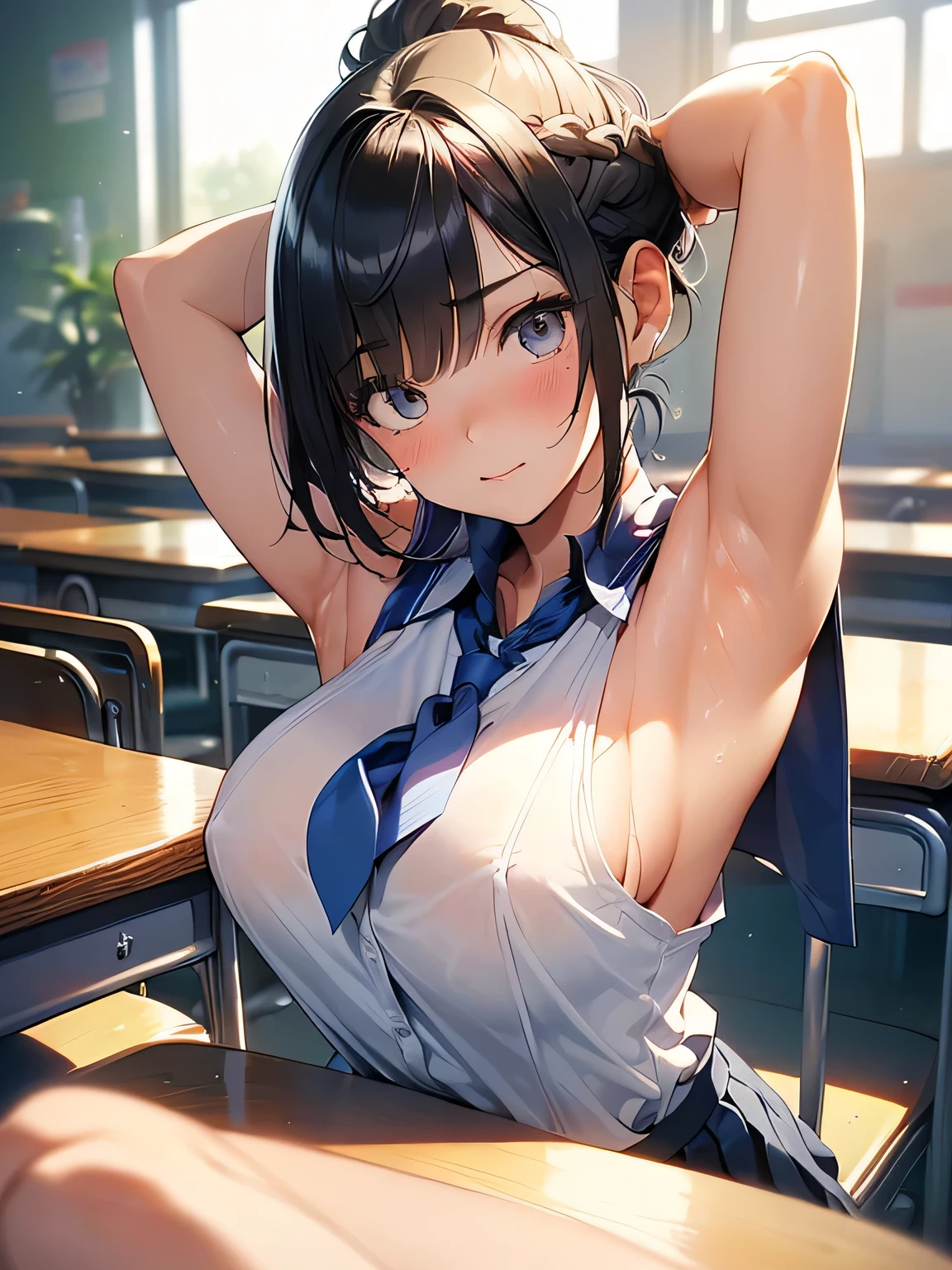 Highest quality、High resolution、Detailed Background、(Beautiful face in every detail:1.4)、Anatomically correct、(Normal number of fingers:1.2)、(Highly detailed face)、(Detailed eyes)、age beauty、(Huge breasts:1.3)、Perfect body line、Light color hair、ponytail、Braided bob cut、cute hairstyle、well-groomed eyebrows、
Attractive upper arms、Excited、Crying face、Blushing、Accentuate your armpits、Show your shoulders and arms、Chest with tearing clothes、Accentuate your cleavage、
(Woman posing with exposed armpits and looking at camera with embarrassed expression:1.5)、
Sitting at a desk in a school classroom、JK Uniform、White sleeveless blouse、Navy blue pleated mini skirt、White Pantyhose、cute
