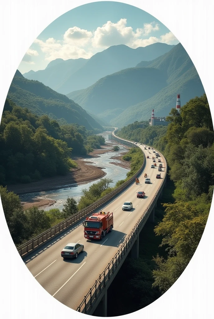 Create a circular badge. In the lower right corner of the circle, place the Paraíba do Sul River with muddy water.. In the middle of the circle, from the bottom to the top, place the Presidente Dutra Highway with cars following the river in the same direction and firefighters providing assistance and filling the entire image. In the lower left corner, place a Factory that is clearly highlighted.. In the upper part of the inner circle place the mountains of the peak of the black needles. In the lower left corner of the inside of the circle place the round hemlock forest. Make the image less oval. 
