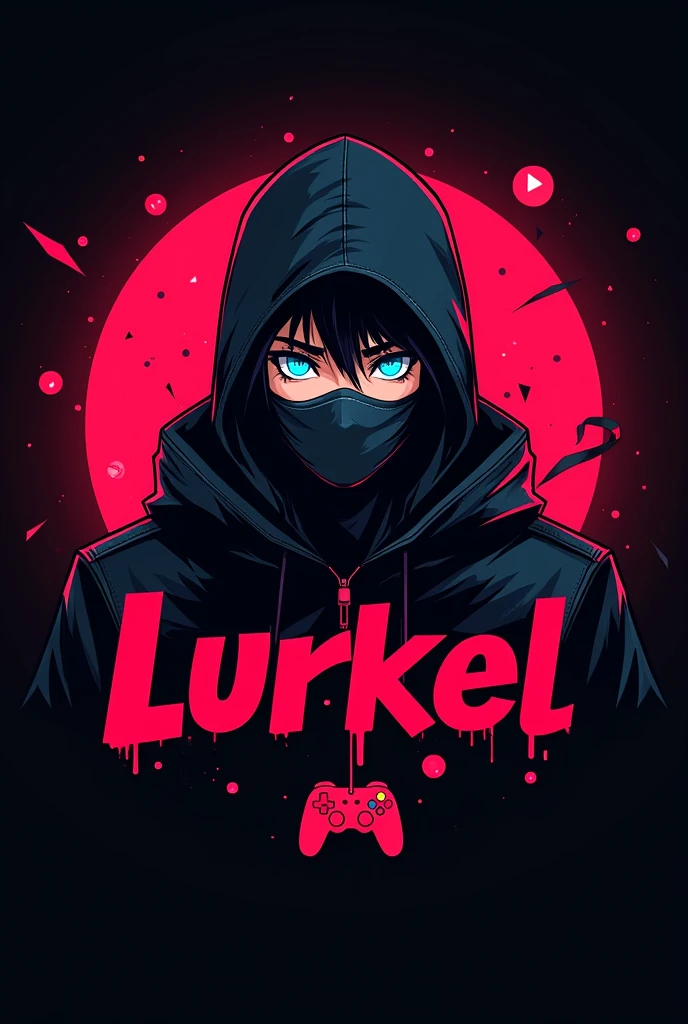 This is a gaming logo that features the name "lurkel" in a futuristic font and a red  colour and adult boy Anime avtar with mask, The logo also hasa stylized controller icon and a You tube play button in the background. The logo is designed to be attractive and eye-catching,, and to appeal to gaming enthusiasts and You Tube viewers. I hope like it. just change eyes to blue