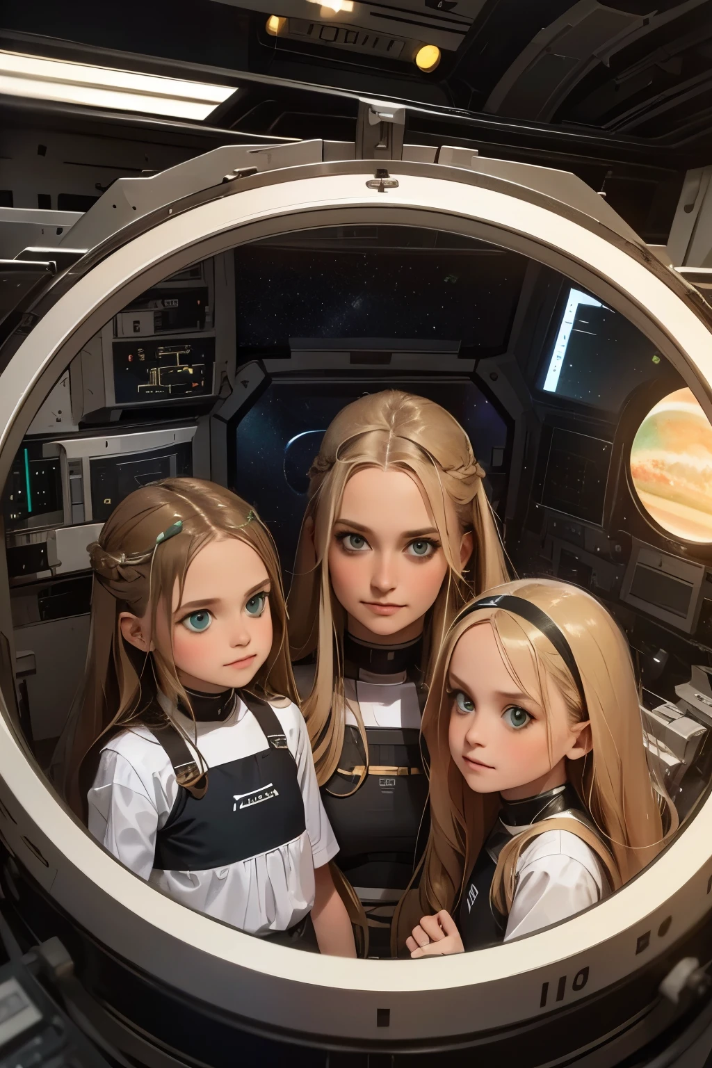 two ***********s and a mother in a space station, a with long blond hair, a with long brown hair. Mom with long hair and dark green eyes