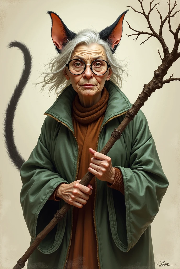 Пожилая женщина с with a staff с кошачьим ушами и хвостом, with a staff, in old clothes, Art