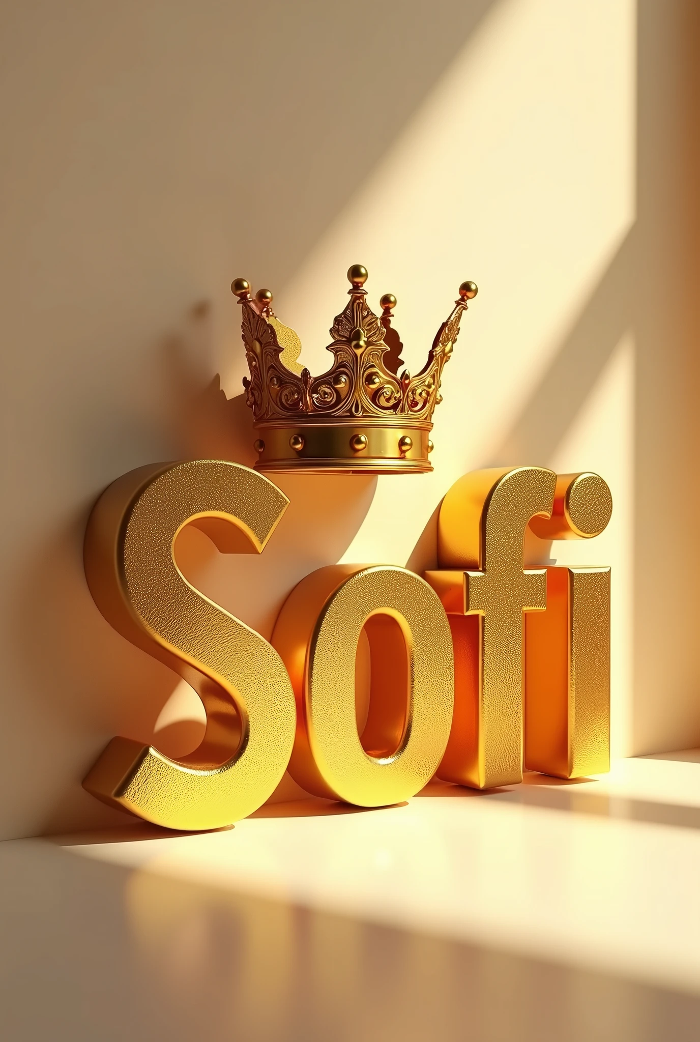 "Generate a high-resolution, 8K image featuring a single name in bold, 3D golden letters, such as 'SOfi'. The text should have a luxurious, metallic gold finish with a slightly textured surface, giving it a rich, elegant look. Position an ornate, regal crown on top of the name, casting a soft shadow that adds depth to the scene. The background should be simple and minimalist, with warm, natural light streaming in from the side, creating soft, elongated shadows. The overall composition should exude a sense of sophistication and luxury, with sharp details and high-quality textures."