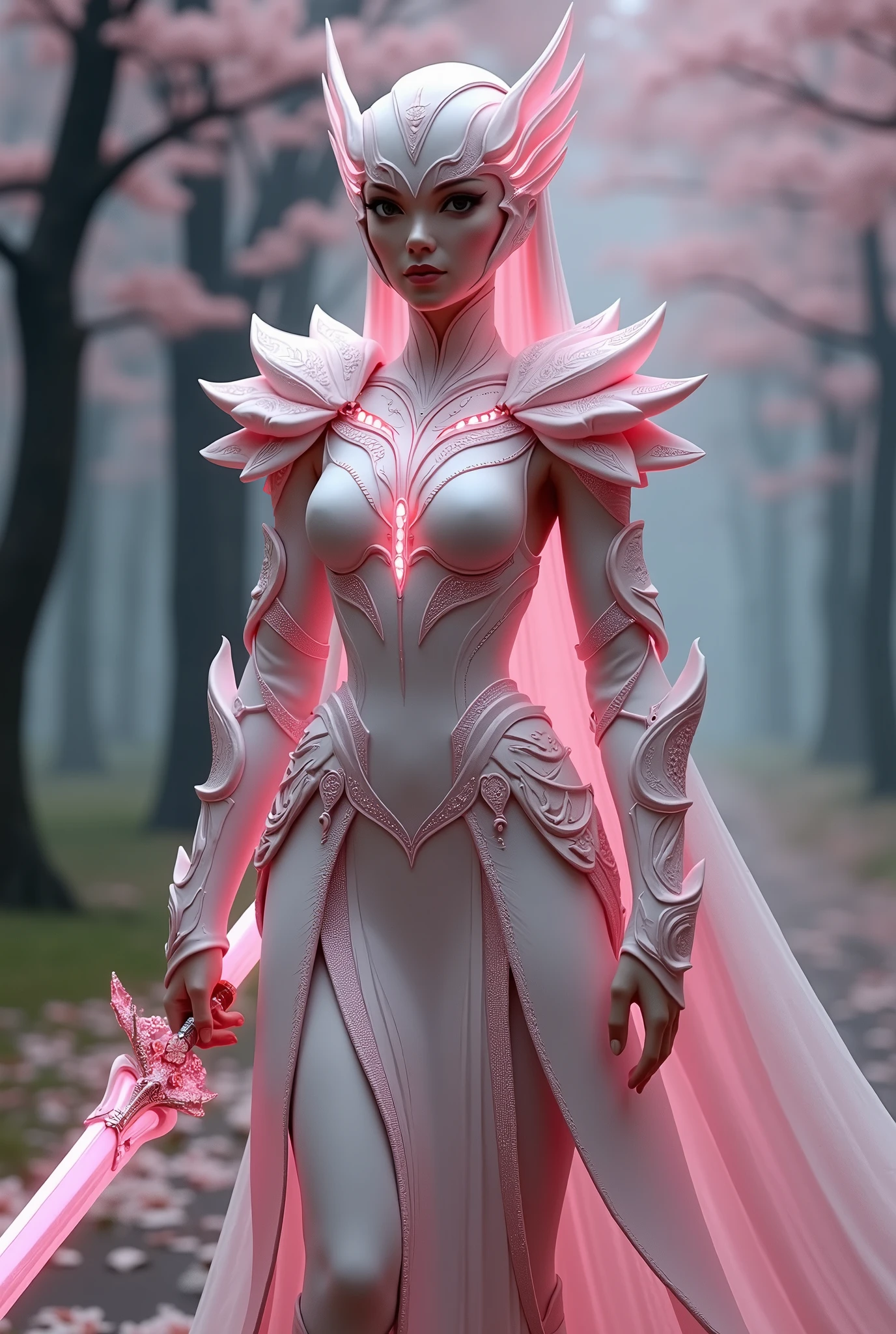 Sakurianas Warrior with the Sakura SwordThe tall, elegant warrior from the Sakurianas species is a vision of grace and power. She wears a unique armor made from a material that appears as delicate as Sakura petals but is 100 times stronger than diamond. The armor has a shimmering pink and white color scheme, resembling the natural hues of cherry blossoms. Intricate patterns of blooming Sakura flowers adorn the chest plate and shoulder guards, giving the armor an organic and fluid appearance. Her helmet, with a visor shaped like overlapping petals, completes the look, fitting perfectly to her form. Glowing pink veins of energy run through the armor, reflecting the regenerative and powerful nature of the wearer.In the warrior's hand is the Sakura Sword. This sword features a long, slightly curved blade forged from a pink metallic material that softly glows with a delicate aura. The blade is engraved with subtle designs of Sakura branches, which shimmer in shades of pink and gold as light hits it. The hilt is wrapped in pearl-white leather, adorned with rose gold accents, and at the base of the hilt, a small Sakura flower carved from rose quartz adds a final touch of elegance. The minimalist guard of the sword, decorated with small pink crystals, echoes the delicate branches of a cherry blossom tree.