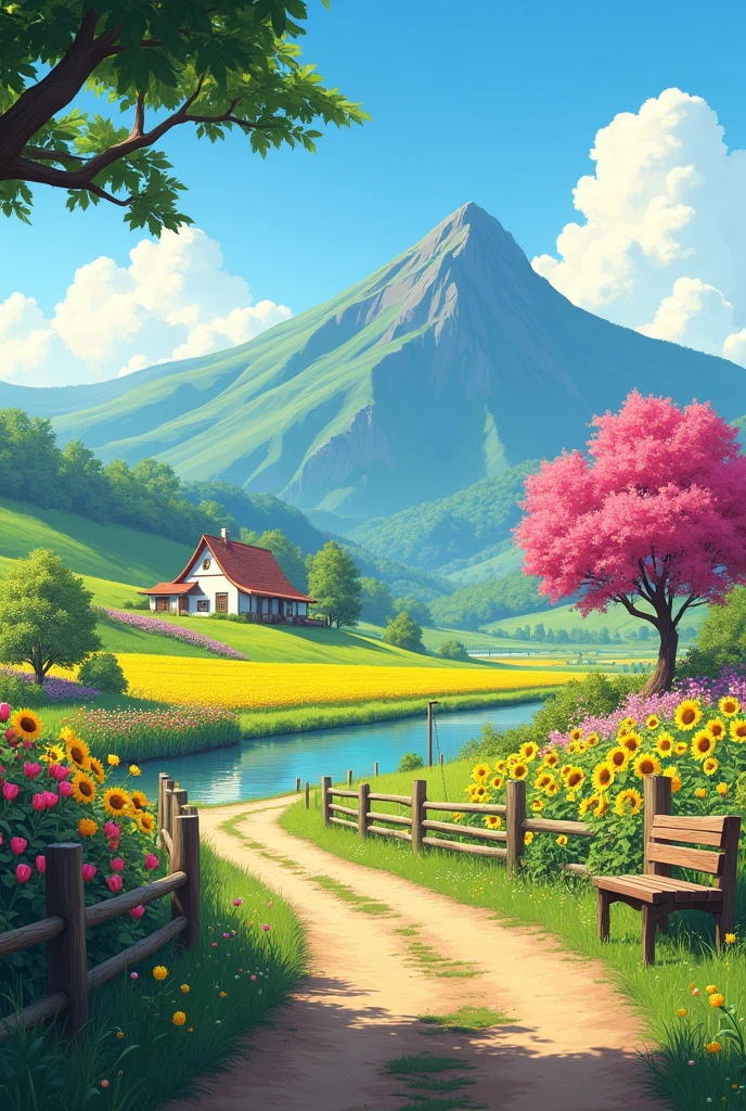Landscape with mountain blue sky green lawn, dirt road with fences trees pond, a wooden bench and swing, pink ipê tree, sunflower field tulips, red roses and pinks colorful and white flowers simple little house in the background with area
