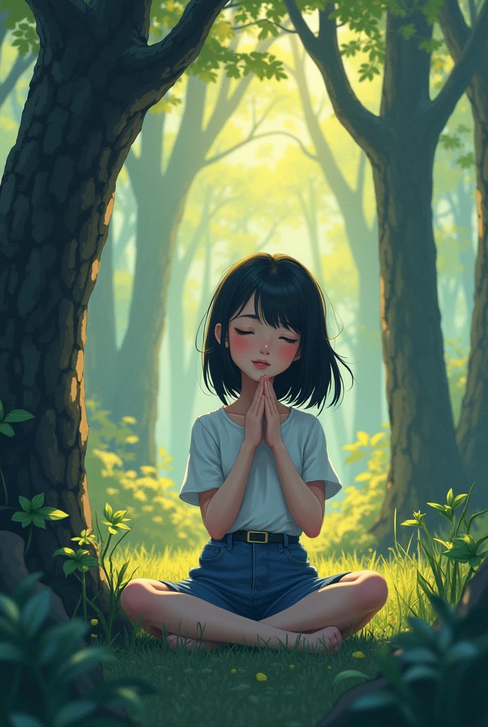portrait、512、lo-fi、girl sitting in the woods、Put your hands together、close your eyes、Cool forest、morning、pastel colors、painting、big bust、Mystery、2D anime style