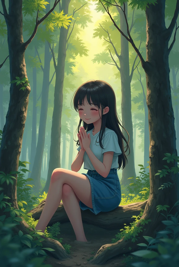 portrait、512、lo-fi、girl sitting in the woods、Put your hands together、close your eyes、Cool forest、morning、pastel colors、painting、big bust、Mystery、2D anime style